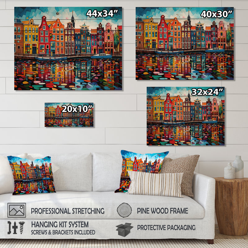 Nathanael - Décoration murale en bois paysage urbain sur bois de pin naturel, H 24 po x l 32 po