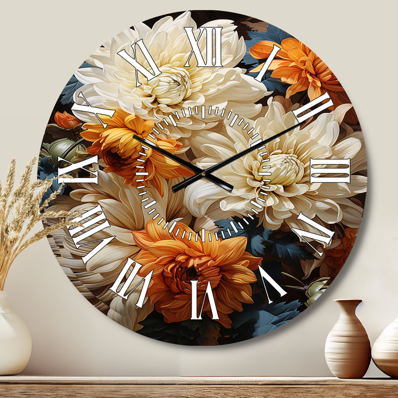 Horloge murale florale et botanique à motif d'automne Chrysanthemums, Médium