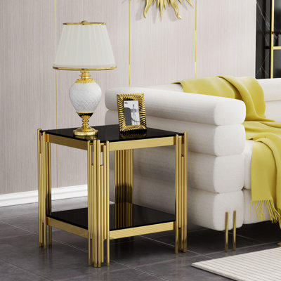 Table de bout carrée de luxe, table d'appoint en verre de 20 po avec structure en acier inoxydable et plateau en verre trempé, table de thé cocktail, table de bout moderne en verre pour bureau à domicile