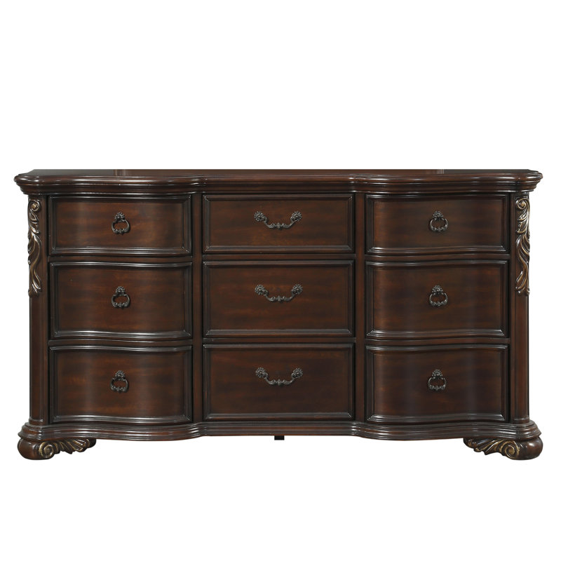 Montoya Traditional 72" Dark Cherry 9-Drawer Double Dresser with Serpentine Front and Carved Scrollwork