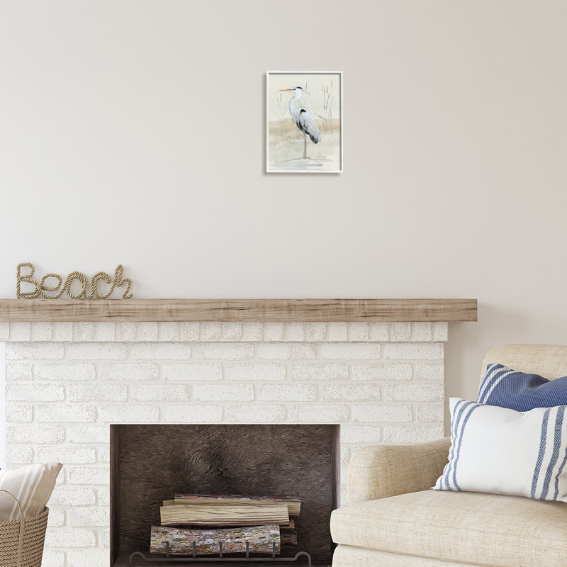 Au-393, jet d'encre, héron, berge, aquarelle, H 14 po x l 11 po x P 1,5 po, Giclée encadrée blanc bord de mer