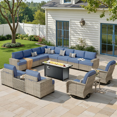 Outdoor 12-Person Rattan Settee Sofa Set, Equipped With A 54-Inch Liquefied Gas Fireplace Table