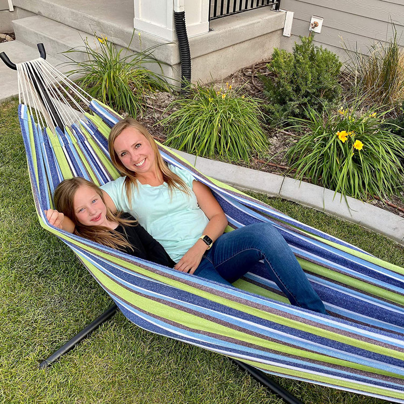  Hamac double en coton Garden, Vert / rayures bleues