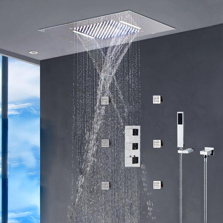 Nariman Recessed LED Rainfall Shower System with Adjustable Body Jets Water Powered