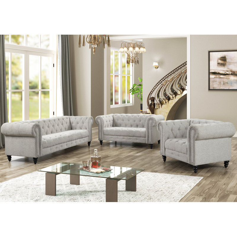 Keyla 3 - Piece Living Room Set, Beige 100% Linen