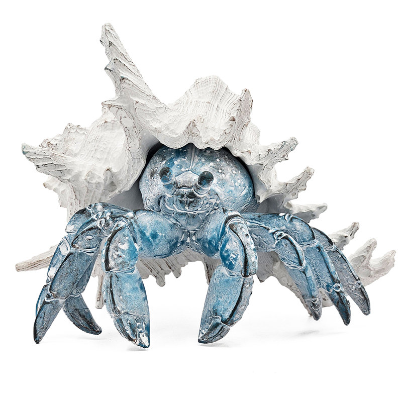 Lifelike Hermit Crab Figurine With White Shell, 7" H x 9.3" W x 9.3" D, White/Blue
