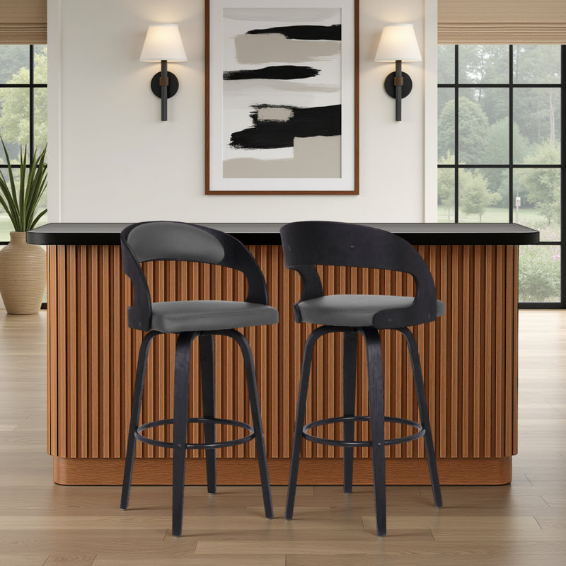 Tabouret pivotant à hauteur de comptoir ou de bar Shelly au fini bois - ensemble , Gris / Noir, 2