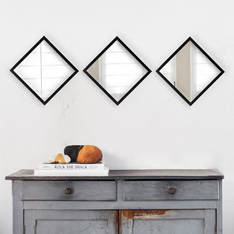 Ensemble de miroir élégant 3 pièces, 24 po x 24 po | 100% verre avec cadre en plastique stratifié, épaisseur: 0,16 pouce | Design élégant argenté et noir, parfait pour la décoration intérieure, le salon et l'entrée
