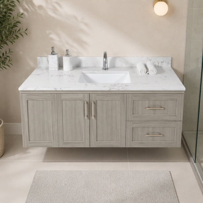 Dessus de meuble-lavabo en pierre de 45 po x 22 po Montary avec marbre blanc de Carrare avec lavabo rectangulaire encastré en céramique et trou de robinet simple avec dosseret.