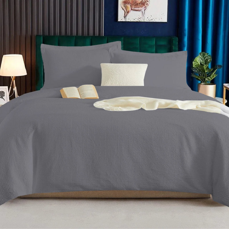Cotton Solid Colour Duvet Cover Set with Pillowcases, Grey, Double Duvet Cover + 2 Standard Pillowcases