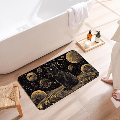 Black Cat Bathroom Rugs, Non Slip Quick Dry Celestial Astrology Bath Mats for Bathroom, Super Absorbent Diatomaceous Bathmat for Home Kitchen Thin Floor Doormat 17 X 29.5 Inch