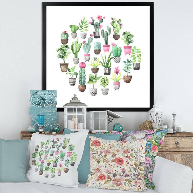 Cactus dans des pots en céramique aux tons doux II - peinture sur toile, H 36 po x l 36 po x 1,5 po, Cadre photo noir