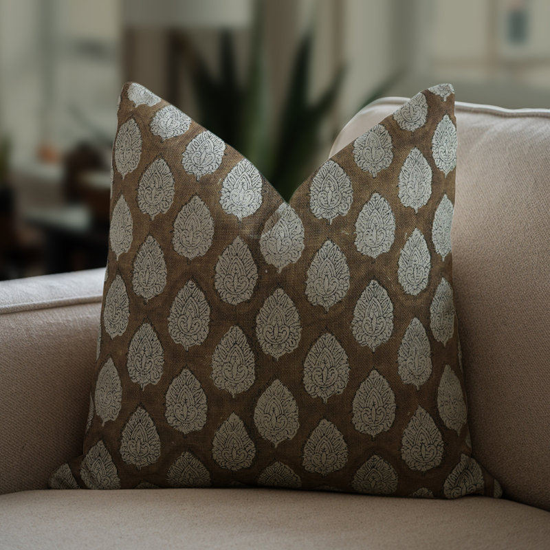 Block Print Throw Pillow Cover, 2 Thick Linen Decorative Cushion Cover, 22" x 22"