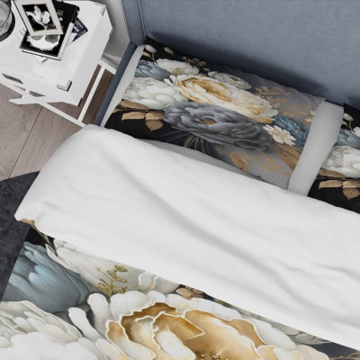 Ensemble de housse de couette pivoine blanche, bleue et grise I - Floral
