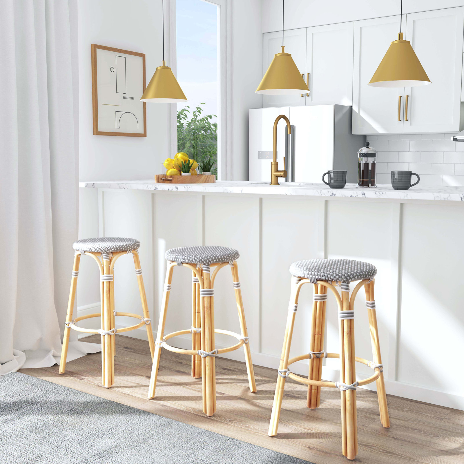 Alastair 30" Bar Stool, Bar Stool (30" Seat Height), Gray/White Dot/Natural Rattan Frame
