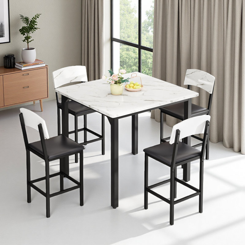 Dining Table Set For 4, Counter Height Table & 4 Bar Stools, Modern Kitchen Dining Set, With Upholstered Chairs, White, Grey