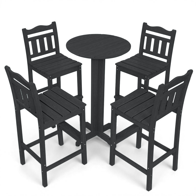 5-piece All-weather Poly Lumber Patio Bar Set - Heavy Duty Hdpe High Top Bistro Table & 2 Stools With Ergonomic Curved Saddle Seats - Outdoor Bar Stools Set For Poolside, Balcony & Deck