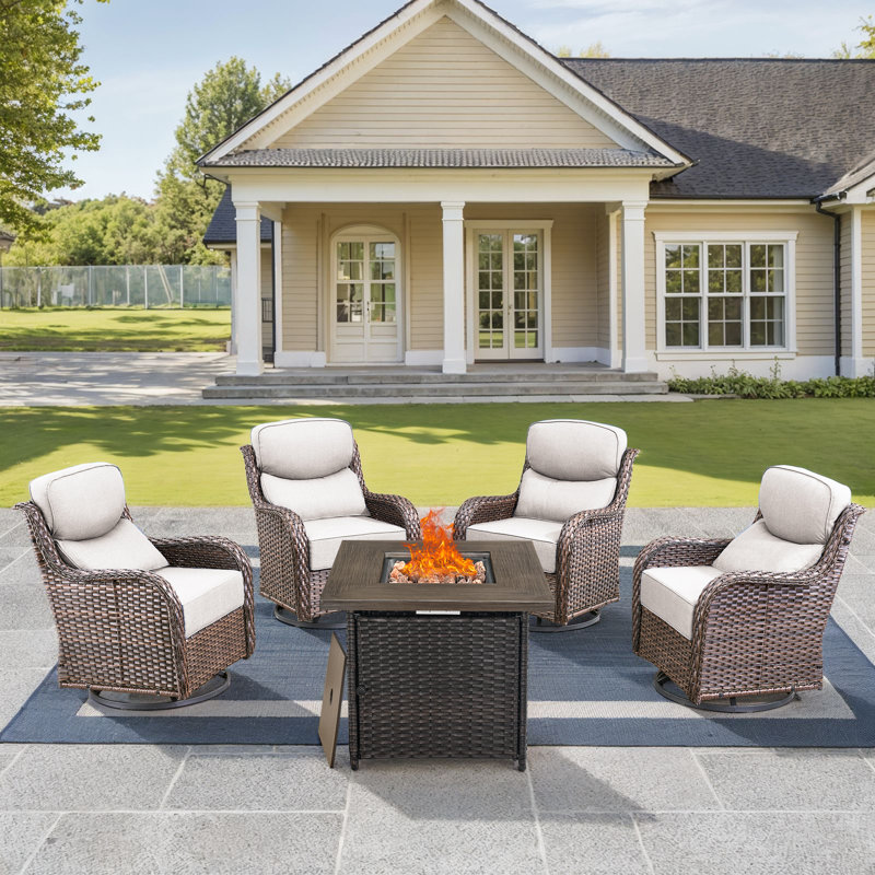 5 Pieces Patio Furniture Set With Fire Pit Table - 4 Outdoor Swivel Rocker Chairs With 50000 BTU Propane Fire Pit Table, Patio Conversation Sets For Outside Backyard Patio