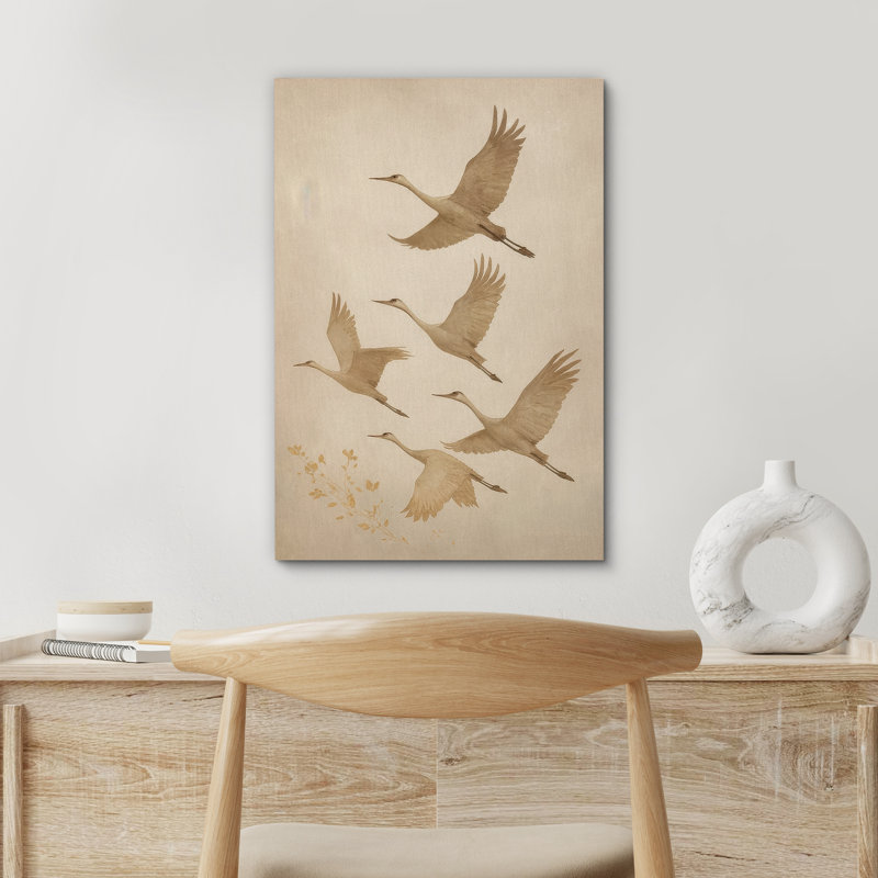 «Serene Beige Crane Group Soaring in Harmony», reproduction d'art sur toile encadrée, H 24 po x l 16 po x P 1,5 po