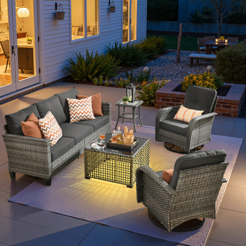 5 Piece Outdoor Wicker Swivel Rocking Chairs With Solar Powered Coffee Table, All Weather High Back Sofa Set, Patio Furniture Set With Cushions