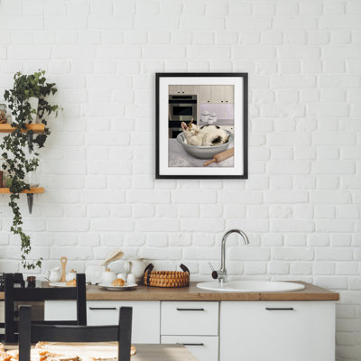 Sleepy Cat in Mixing Bowl Framed Print Under Glass, design by Mehu Art