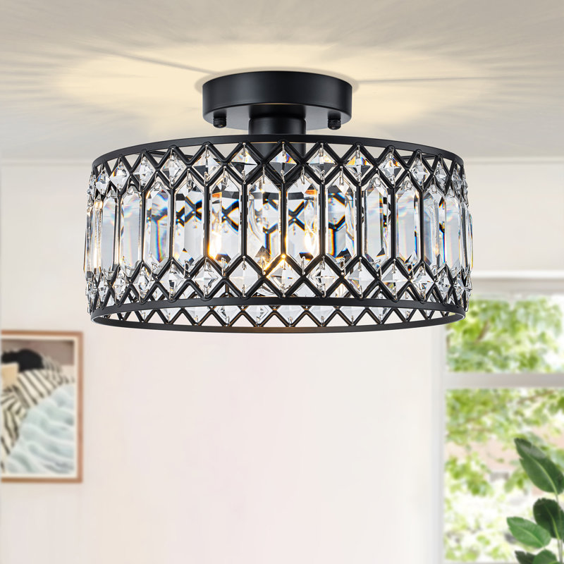 Luxury Crystal Drum Semi Flush Mount Light, 9" Width, Black