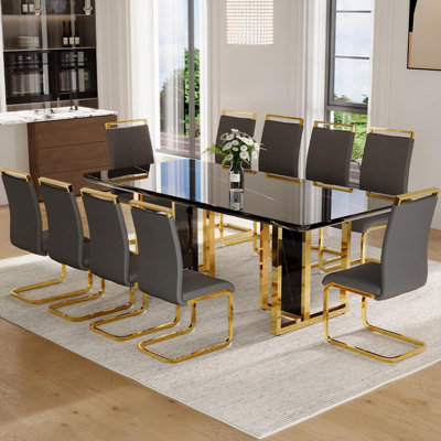 Ensemble de table de salle à manger noir pour 10 personnes, ensemble de table de salle à manger 78,7 po avec pieds chromés, ensemble de table de cuisine moderne et chaises pour 10 personnes, salle à manger ultrabrillante, structure robuste