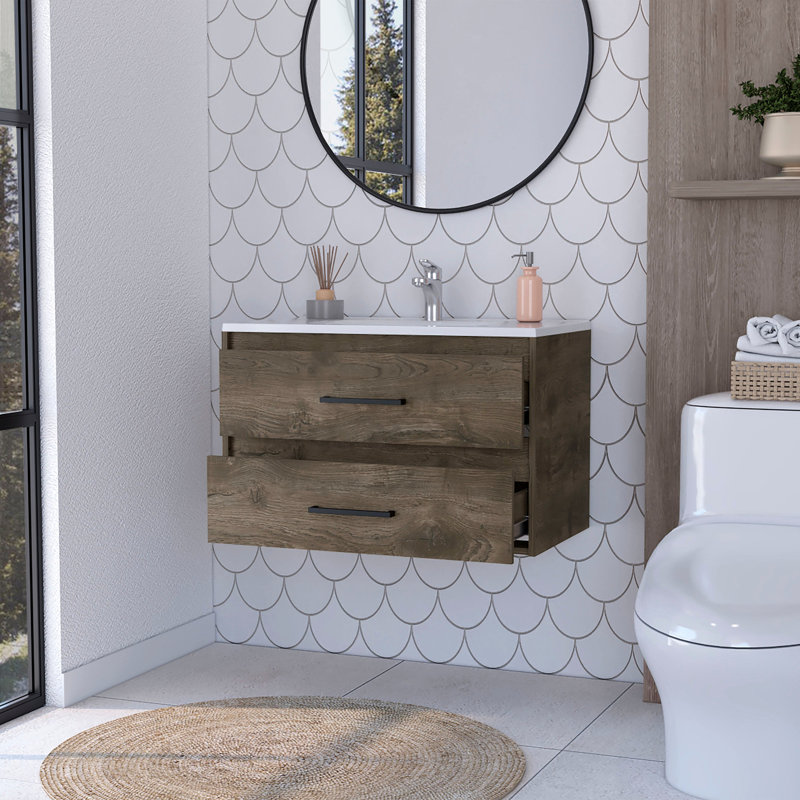 Grand meuble-lavabo de rangement mural brun foncé et blanc 2 pour l'installation
