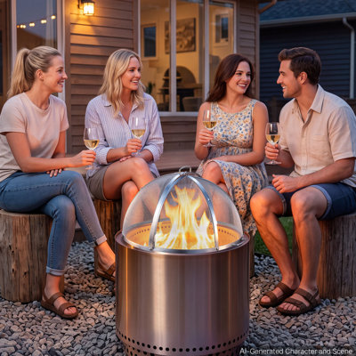 Pare-étincelles pour foyer, dôme de 26 pouces, couvercle en acier inoxydable, pour l'extérieur, le patio, la cour, le camping, la fête, avec poignées et tisonnier, résistant aux hautes températures, aide à bloquer les étincelles, argent