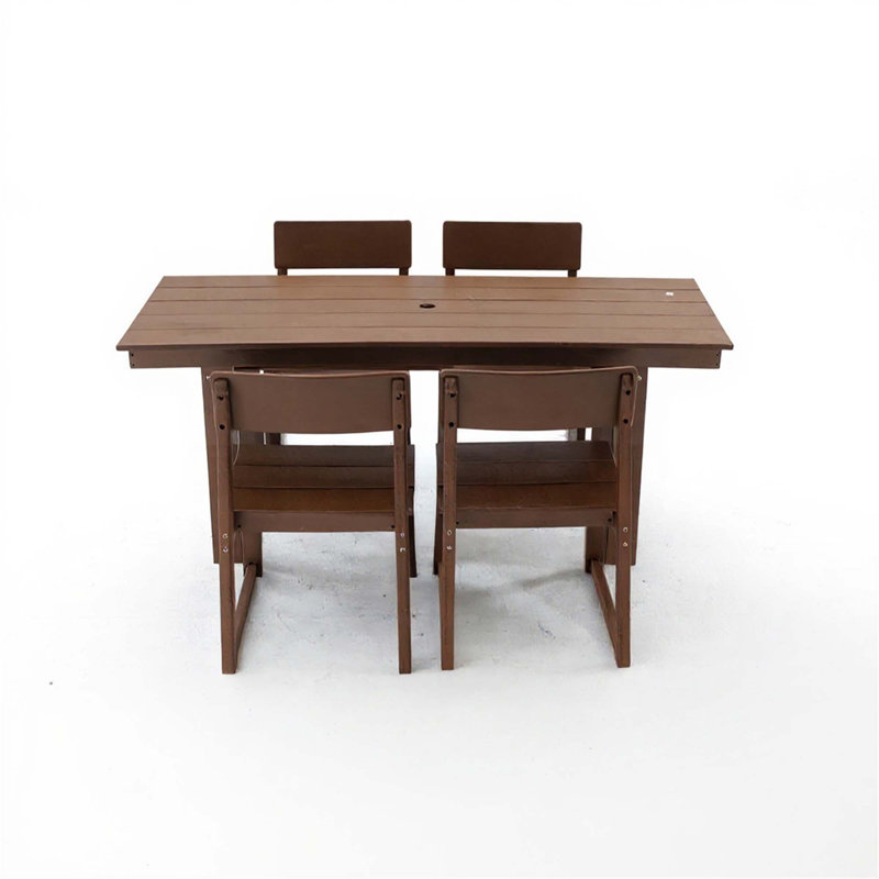 5-Piece Brown HDPE Outdoor Dining Set – Weather-Resistant Patio Table With Umbrella Hole & 4 Chairs For Backyard/Poolside