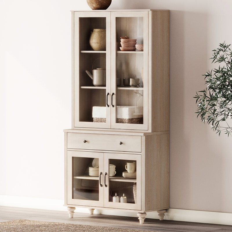 Buffet Corretta avec portes vitrées et tiroir, meuble de rangement, beige, 34 po, Beige