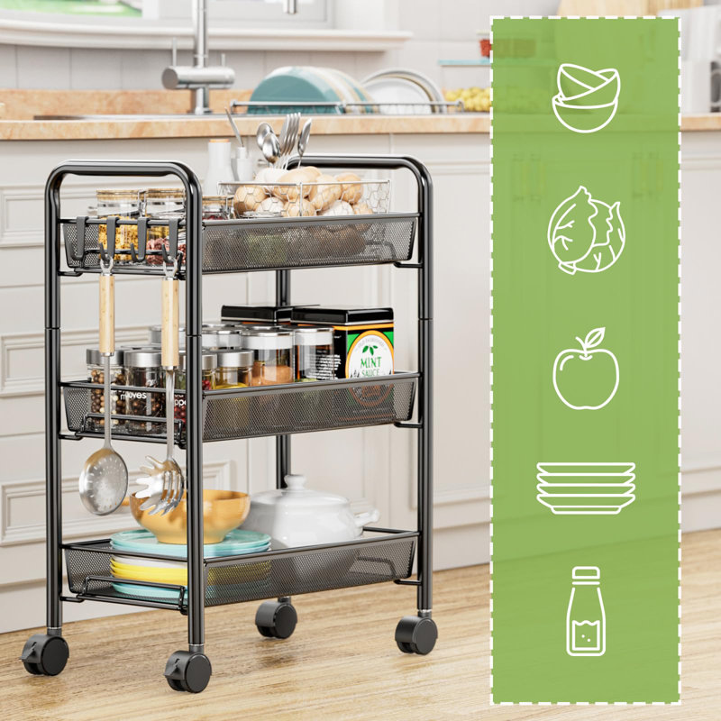 Black Metal 3-Tier Rolling Utility Storage Cart