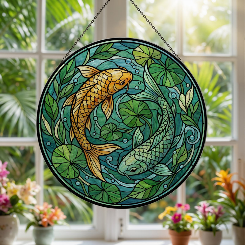 Panneau de vitrail Koi Fish, H 12 po, H 12 po