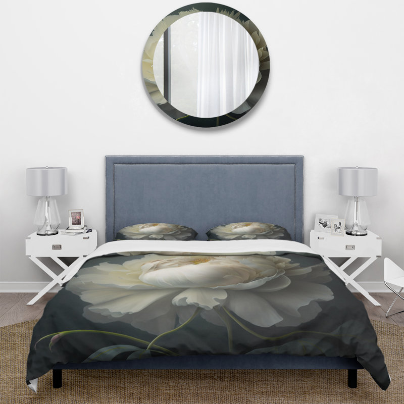 Ensemble de housse de couette en microfibre / polyester White Blossoming Peony On Black I Bedding