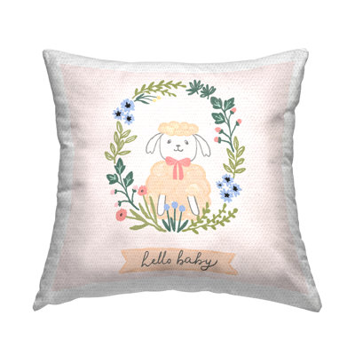 Hello Baby Floral Lamb Outdoor Printed Pillow by Nina Muis Surface Design