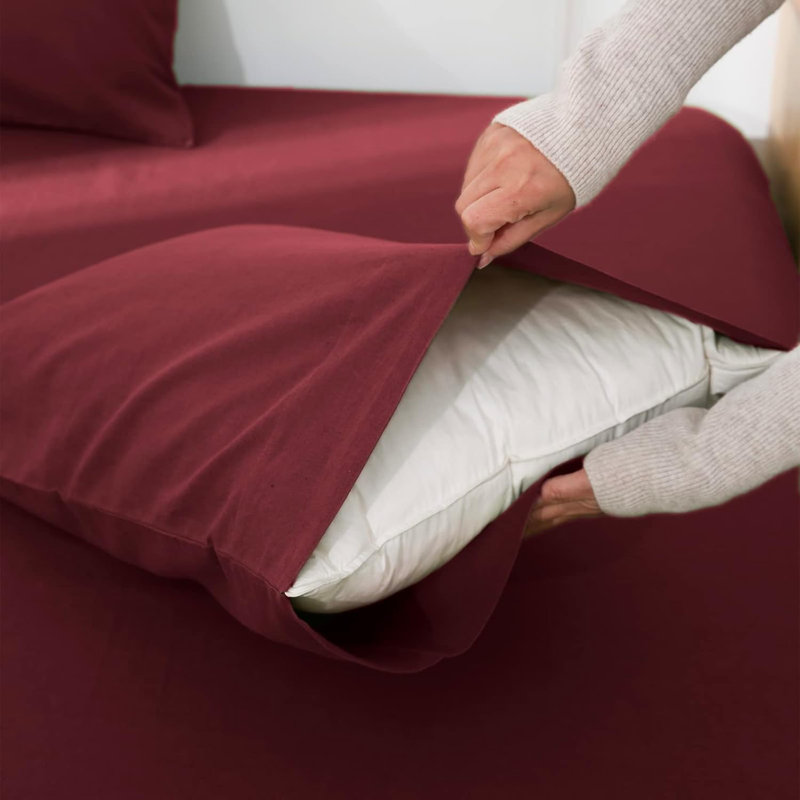 Ensemble de literie en lin belge, Ensemble de draps pour grand lit avec 2 taies d'or, Burgundy Red