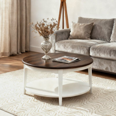 Table basse 31,5 po avec tablettes à 2 niveaux en bois massif brun foncé et crème moderne pour le salon et la chambre à coucher
