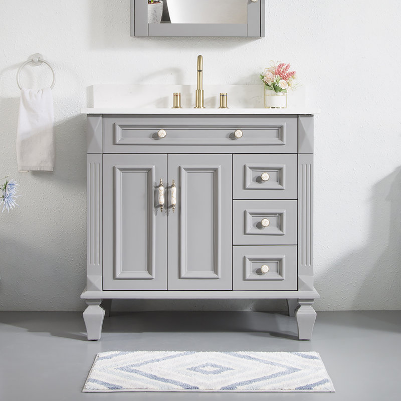 Meuble-lavabo en bois massif H 35 po x l 36 po avec comptoir en quartz Carrera résistant aux taches et lavabo simple