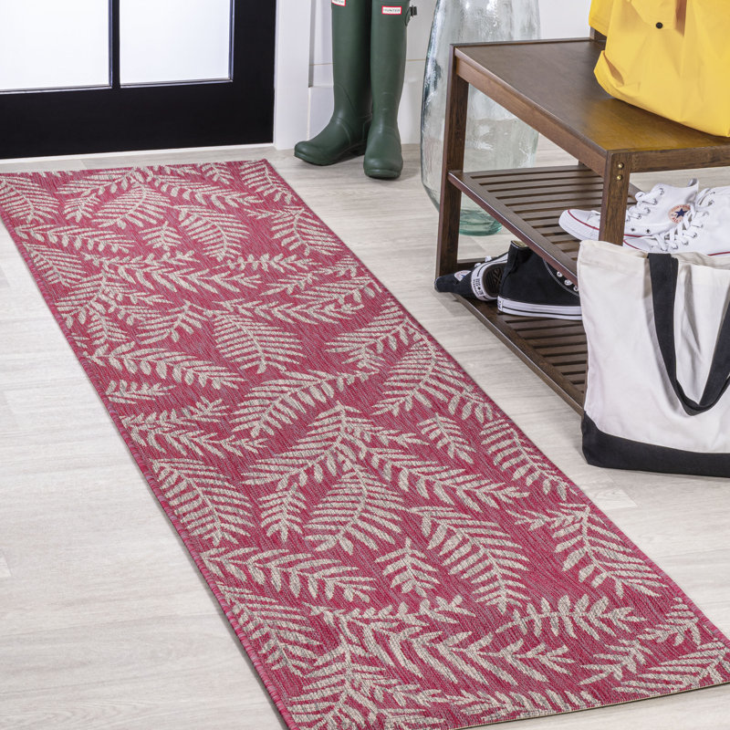 Hesperus Nevis Palm Frond Fuchsia/Light Gray Indoor/Outdoor Rug, Runner 2'2" x 10'