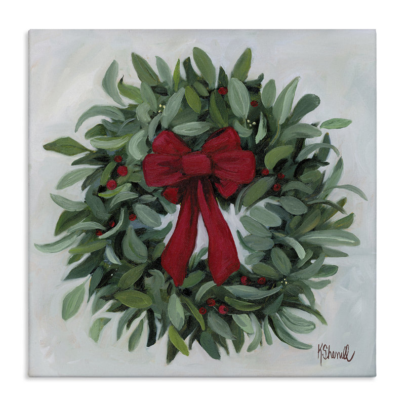 Wreath with Red Bow Canvas Wall Art by Kate Sherrill, 30" H x 30" W