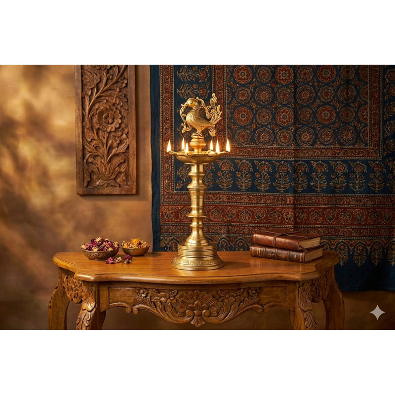 Lampe paon Annam en laiton faite à la main de 12 pouces - Cinq mèches de l'Inde du Sud pour la puja, les rituels et la décoration artistique