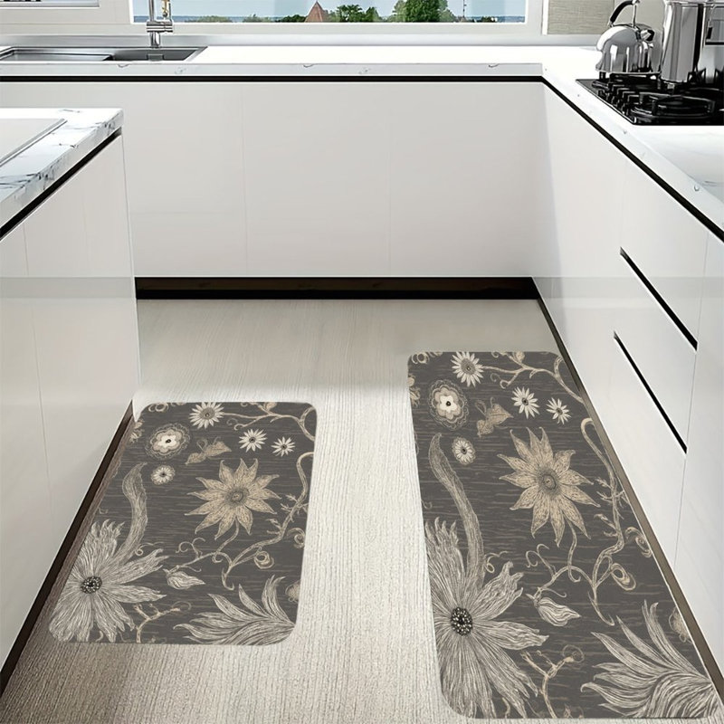 Line Art Floral Pattern, 2 Pcs Non Slip Kitchen Mats, Gray/Beige Floral