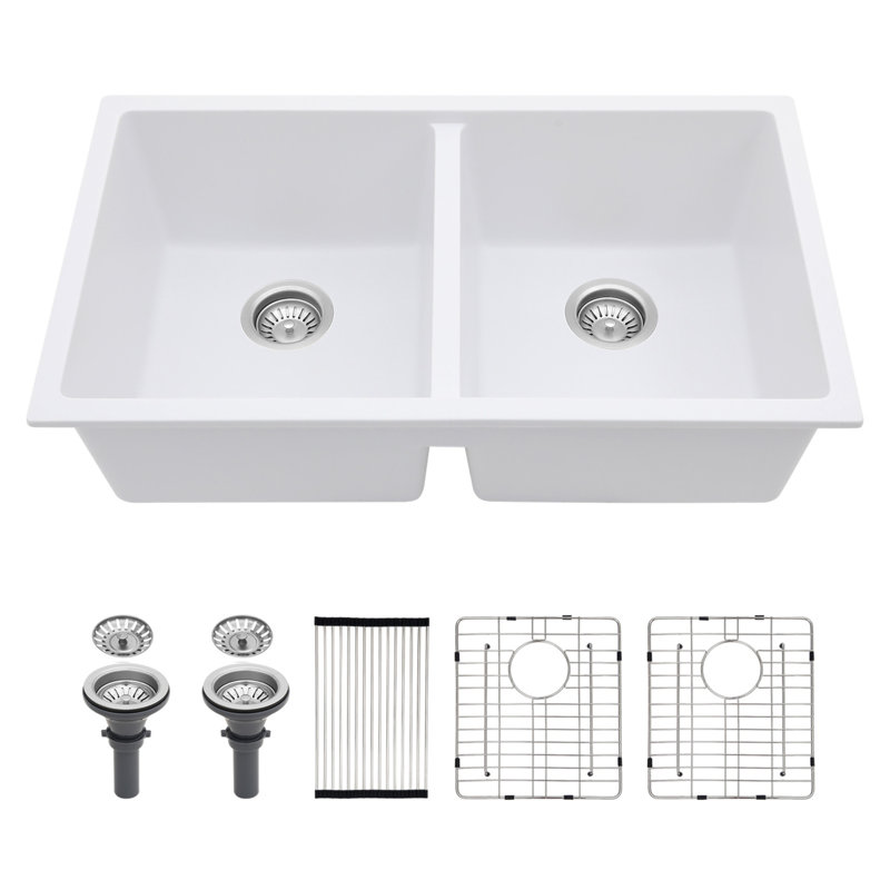 Quartz Kitchen Sink - 33" X 19" White Granite Composite Undermount Kitchen Sink Double Bowl(50/50), White
