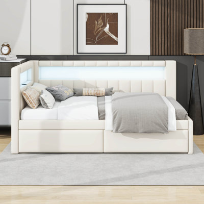 Lit de jour rembourré avec couchette, lit de jour d'angle en bois avec ports USB et DEL