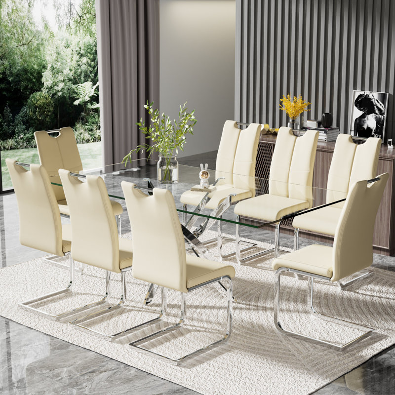 Modern 71in Glass Dining Table Set with Luxury Faux Leather Dining Chairs, Yellow, 9, Silver