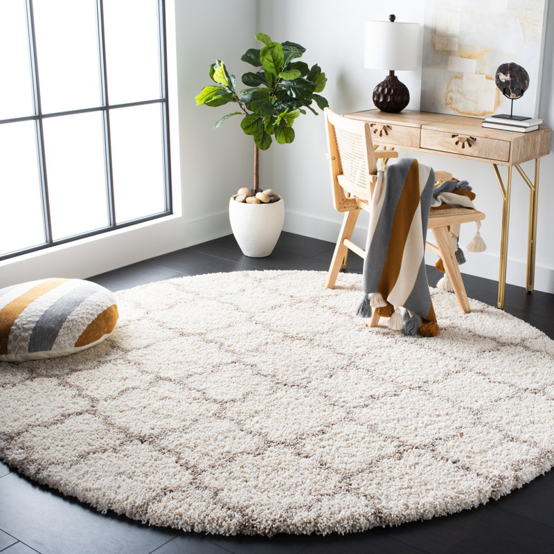Tapis à motif géométrique Bonaire, Rond 7 pi, Ivoire / gris clair