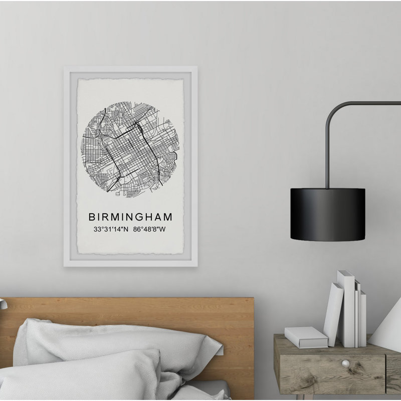 «Birmingham Circle Map - Reproduction d'art textuel sur papier encadré, H 45 po x l 30 po x P 1,5 po