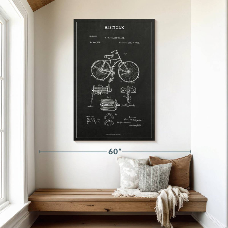 Bicyclette rétro brevet sur toile, H 48 po x l 32 po x P 1,25 po