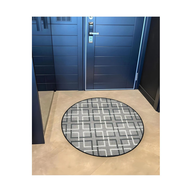 Tapis décoratif moderne à base tissée avec détails de forme géométrique dans des tons de gris, Rond 2 pi 8 po