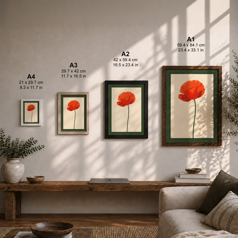Single Red Poppy Botanical - Framed Print, A2 - 59.4 x 42.0 cm, Walnut